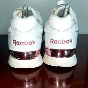 White reebok with chrome pink detailing